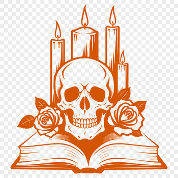 A stylized illustration of a skull surrounded by a rose, with a candle or lantern placed nearby, in a Gothic-inspired design.