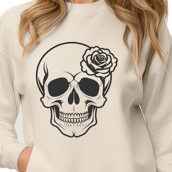 A detailed vector illustration of a Gothic-style skull with intricate details and a stylized rose motif.