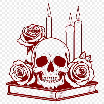 A stylized illustration of a Gothic-style skull surrounded by decorative elements, including a rose.