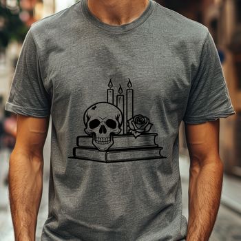 A stylized skull with intricate details, set against a background of candlelight and surrounded by a rose.