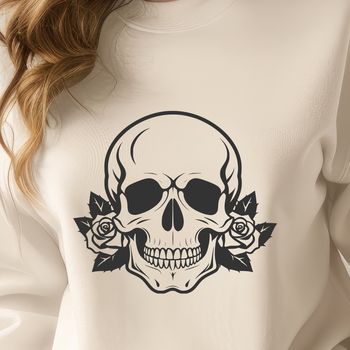 A stylized illustration of a skull adorned with a rose motif in a gothic style, suitable for various designs.