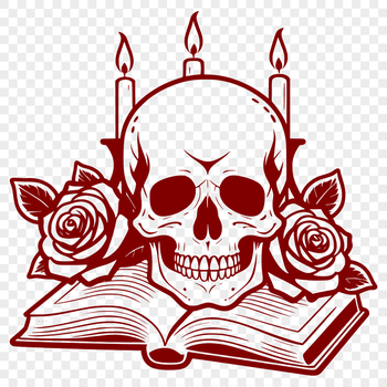 A detailed illustration of a Gothic-inspired skull surrounded by a rose, on a black background.