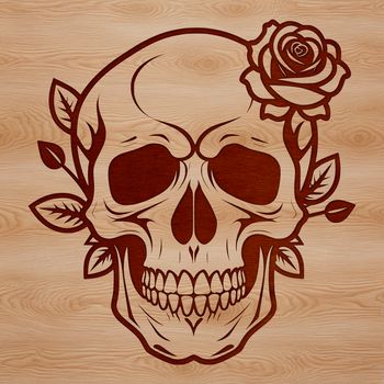 A detailed, illustrated Gothic-style skull with intricate design elements.