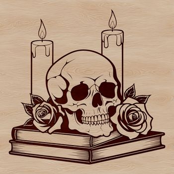Gothic design element featuring a stylized skull surrounded by a rose, suitable for Halloween decorations or projects.