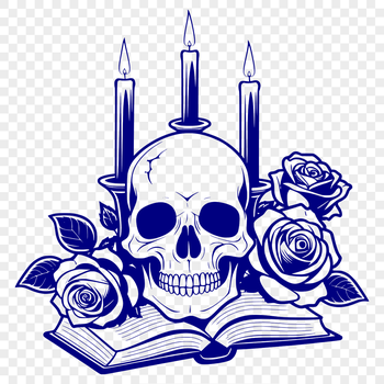 A stylized illustration of a Gothic skull surrounded by a flame-lit atmosphere with a rose and an open book nearby.