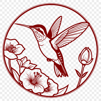 A digital vector representation of a hummingbird in flight among flowers.