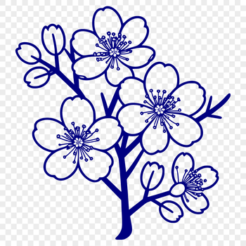 A stylized illustration of a single cherry blossom flower with five delicate petals.