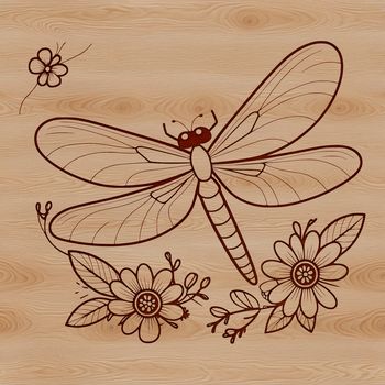 A detailed illustration of a dragonfly perched on a floral stem, created in vector format.