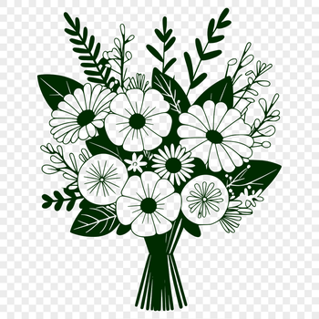 A stylized illustration of a floral arrangement featuring a mix of blooming flowers tied together with a ribbon.