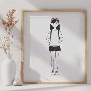 A young girl illustration in a single-colored line style, suitable for various cutting machines and digital design tools.