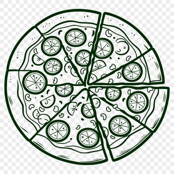 A digital illustration of a sliced pizza on a white background.