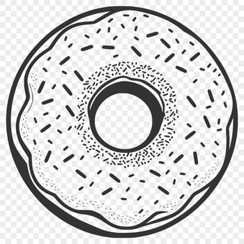 A vector illustration of a donut dessert with colorful frosting and sprinkles.