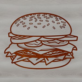 A stylized illustration of a classic cheeseburger featuring a beef patty, melted cheese, lettuce, tomato, and condiments.