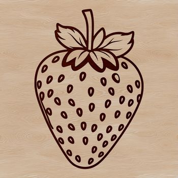 Close-up illustration of a single strawberry with green stem and leaves.