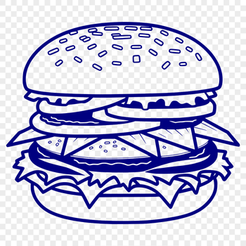 A detailed illustration of a hamburger with bun, patty, lettuce, cheese, tomato, and condiments.