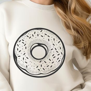A vector illustration of a round donut with colorful frosting and sprinkles.