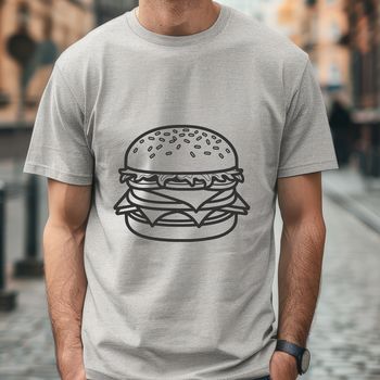 A stylized illustration of a hamburger with toppings and condiments.