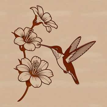 A detailed vector design of a hummingbird surrounded by lush greenery and flowers.