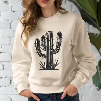 A stylized illustration of a cactus plant in a simple outline form.