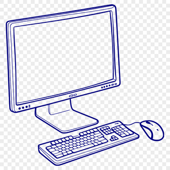 A detailed digital illustration of a modern desktop computer with a keyboard and monitor.