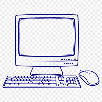 A computer system consisting of a monitor, keyboard, and desktop with various digital elements.