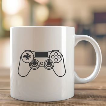 A stylized digital game controller with buttons and sticks.