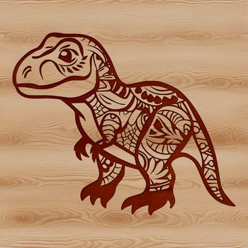 A detailed illustration of a baby Tyrannosaurus Rex dinosaur in prehistoric times.