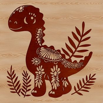 A colorful illustration of a baby dinosaur surrounded by lush greenery and flowers.