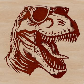 A prehistoric dinosaur, a Tyrannosaurus Rex, wearing sunglasses in a stylized illustration.