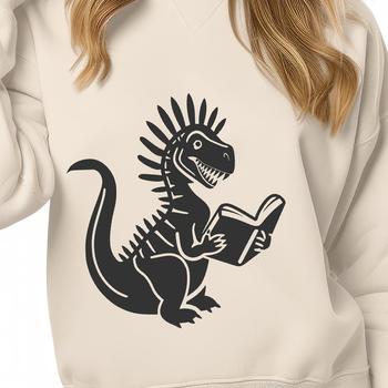 A stylized vector design featuring a dinosaur character engaged in a reading activity.