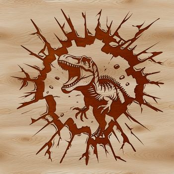 A prehistoric dino smashing through a brick wall.