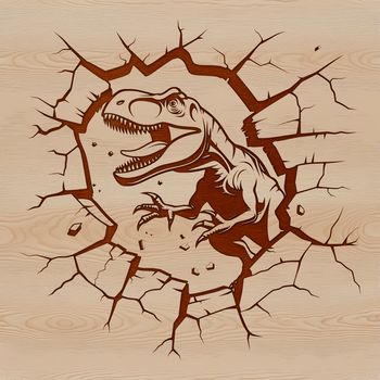 A prehistoric dinosaur breaking through a stone wall, rendered in vector art.