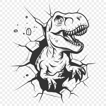 A prehistoric dinosaur, the Tyrannosaurus Rex, is depicted smashing through a wall in a bold vector illustration.