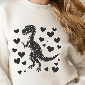 A colorful illustration of a prehistoric dino with love hearts surrounding its body, suitable for vector design projects.