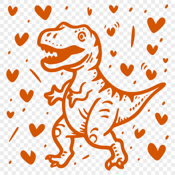 A prehistoric T Rex dinosaur with love hearts scattered throughout its body, depicted in a detailed vector format.