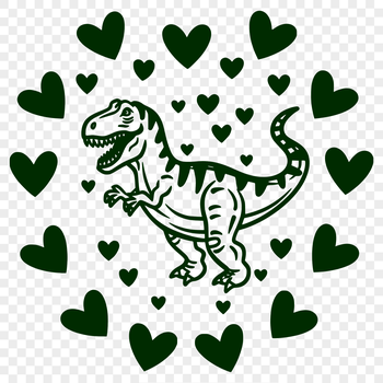 Illustrative vector graphic of a full-body Tyrannosaurus Rex with love hearts.