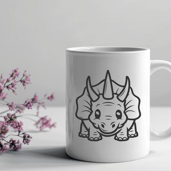 A simple line drawing of a full-body triceratops dinosaur in a prehistoric landscape.