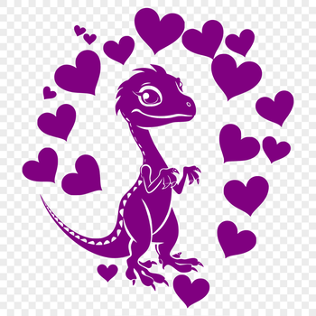 A stylized illustration of a dinosaur with hearts in place of its eyes and mouth.
