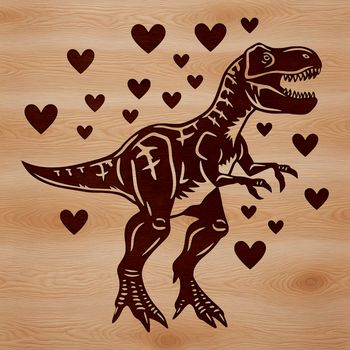 A prehistoric T rex dinosaur with love hearts surrounding its body.
