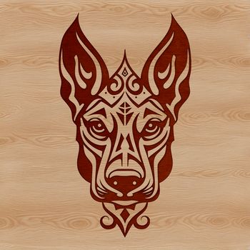 A close-up illustration of a Doberman Pinscher's head with ornate details.