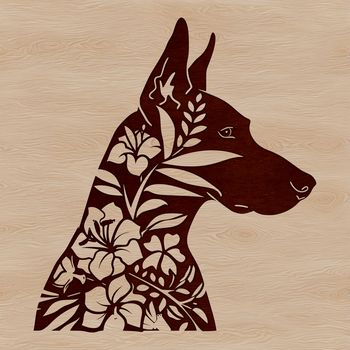 A close-up illustration of a Doberman Pinscher's head, featuring ornate floral patterns.