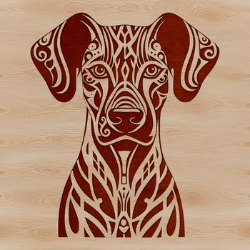A close-up illustration of a Doberman Pinscher's head, featuring a sleek and distinctive breed profile.