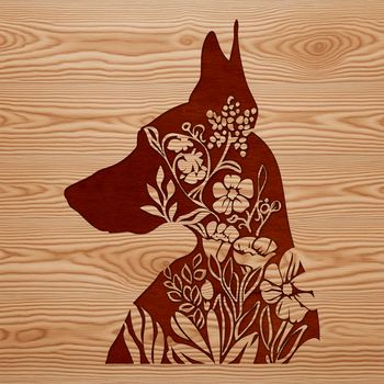 A detailed illustration of a Doberman Pinscher's head, featuring intricate floral patterns on its fur.