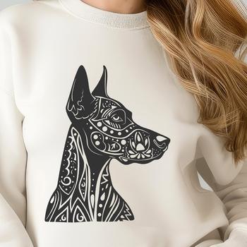 An ornate depiction of a Doberman Pinscher dog's profile, ideal for animal-themed clip art and digital templates.