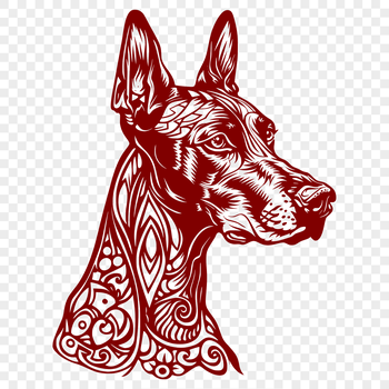 A detailed illustration of a Doberman Pinscher's head, featuring distinctive markings.