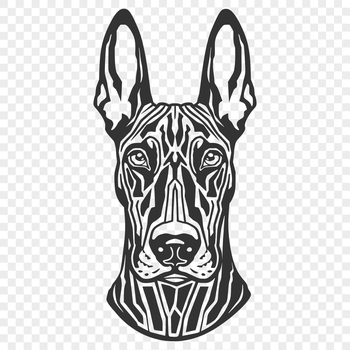 A detailed illustration of a Doberman Pinscher's head with ornate features.