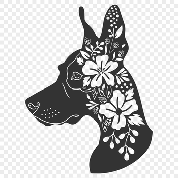 A detailed illustration of a Doberman Pinscher's head, featuring ornate floral patterns.