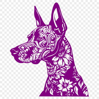 A close-up vector illustration of a Doberman Pinscher's head, featuring a stylized representation of the breed.