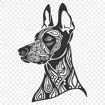 A close-up illustration of a Doberman Pinscher's head with detailed features and ornate lines.