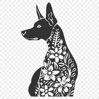 A detailed vector illustration of a Doberman Pinscher's head with ornate floral details.